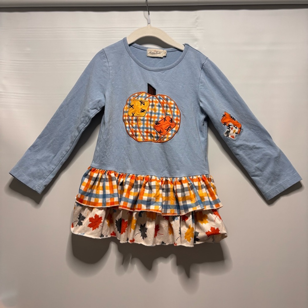 Marie Nicole PatchFall Pumpkins Blue Orange Gingham Ruffle Top Tunic Girl Size 6